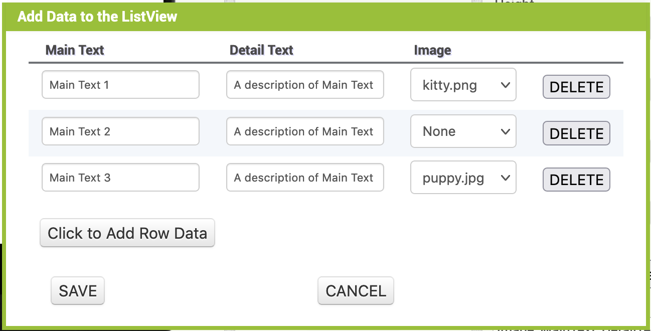 ListData editor displaying all field options