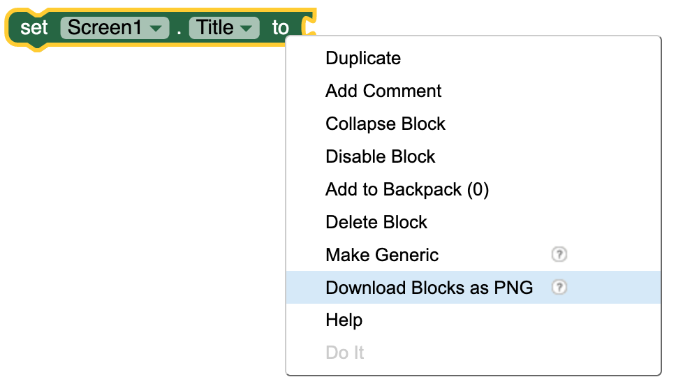 Right click menu on a block showing the Download Blocks as PNG menu item