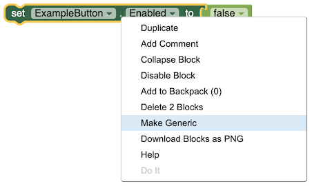Fare clic con il pulsante destro del mouse su un blocco per ottenere il menu contestuale e selezionare Rendi generico per trasformarlo nell'equivalente di qualsiasi blocco di componenti.